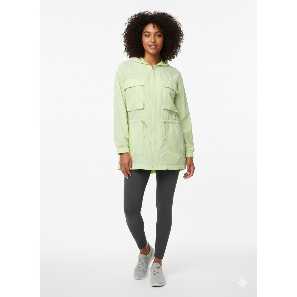 Apana Windbreaker Jacket Women SZ Medium Lime Green Hooded Utility Outdoors Rain
